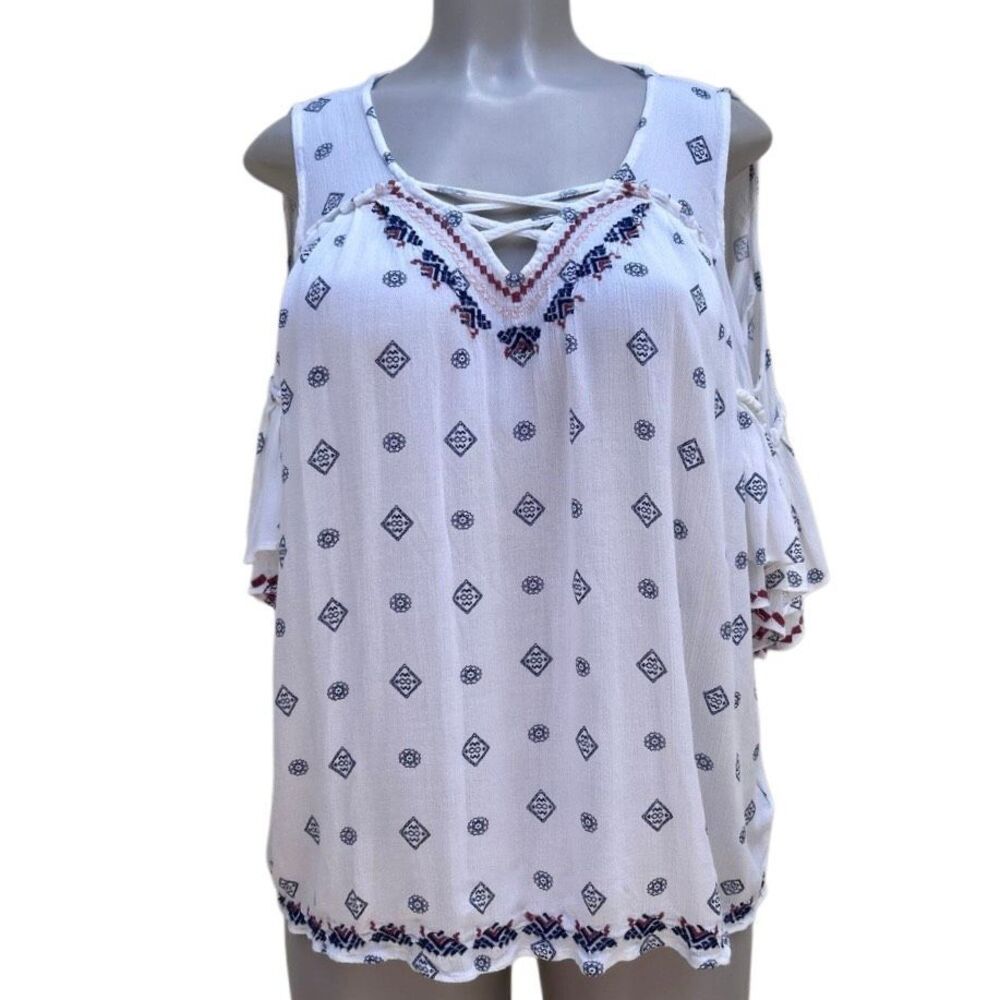Vintage America Blues Blouse Women's Medium White Ruffle Cold Shoulder Geo Print